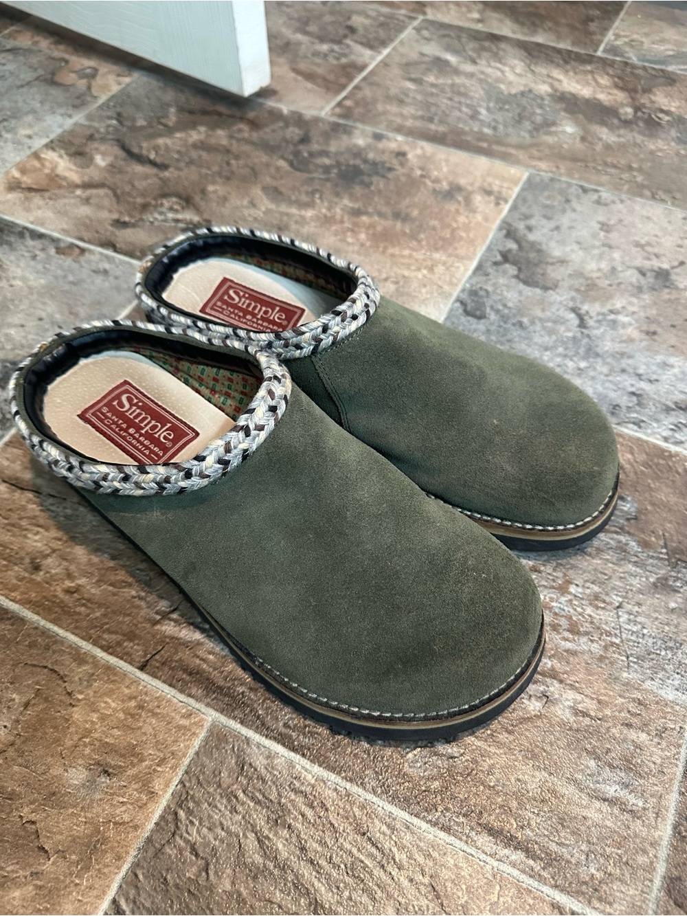 Simple Olive Green Suede Slip-On Clogs with Braided Trim Size 10 M / 12 W